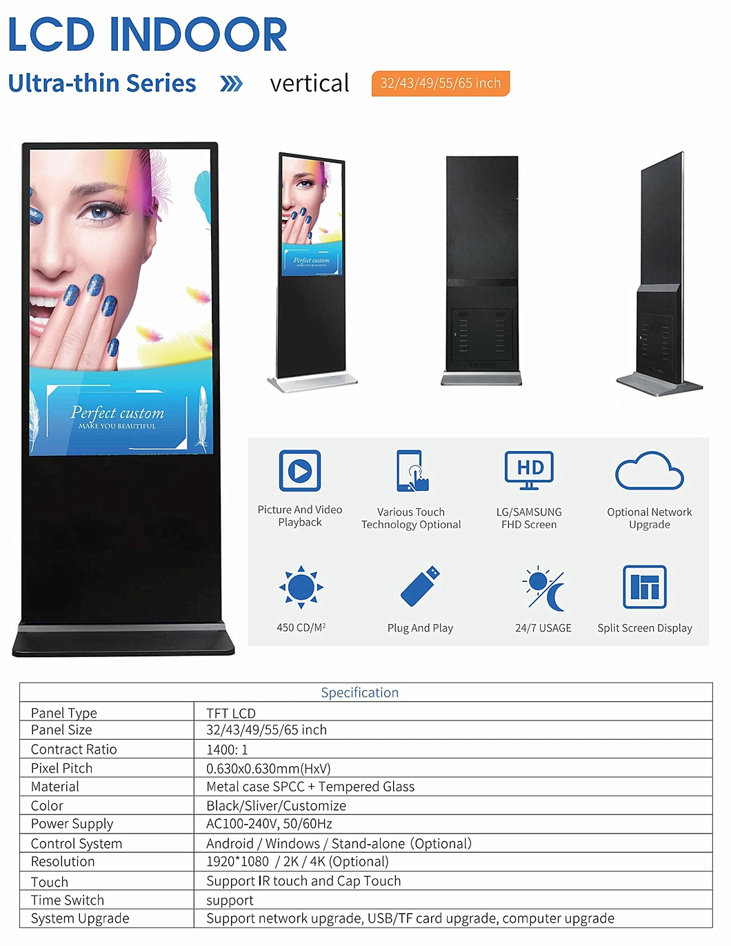 65 in 4K Commercial Interactive Touchscreen 55" Indoor LCD Floor Standing Touch Screen Price Digital Totem Advertising Display Digital Signage Ad Player Kiosk