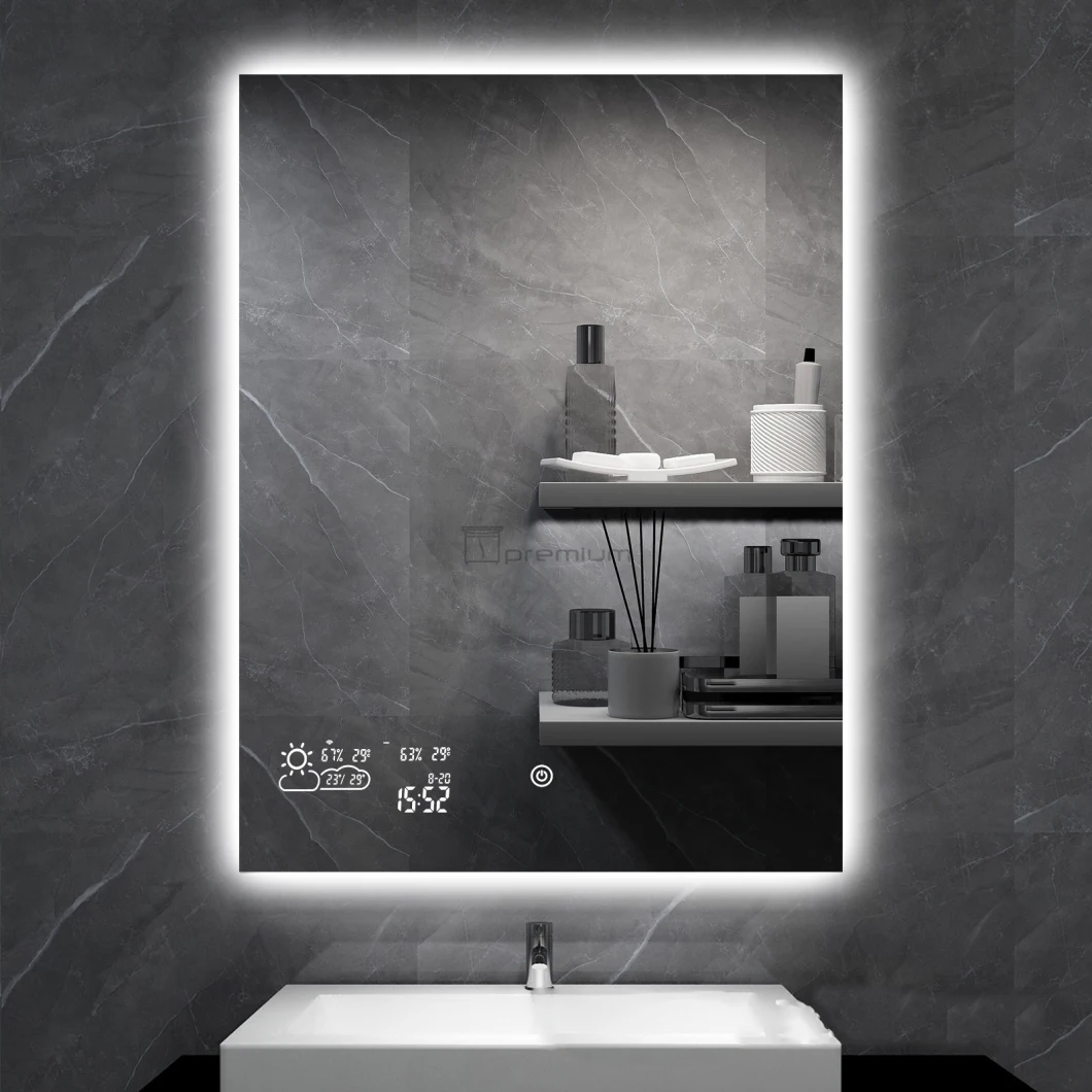 Wholesale Luxury Home Decorative Smart Mirror Wholesale LED Bathroom Backlit Wall Glass Weather and Temperature Display