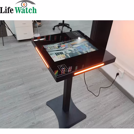 Mesa LCD táctil interactiva con sistema Android y Windows de carga inalámbrica inteligente de 22 pulgadas con diseño LED de barra de color personalizado